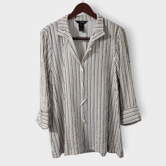 Ali Miles Size Medium Tan Black Stripe Button Front Tunic Top Lagenlook Artsy - Picture 1 of 13